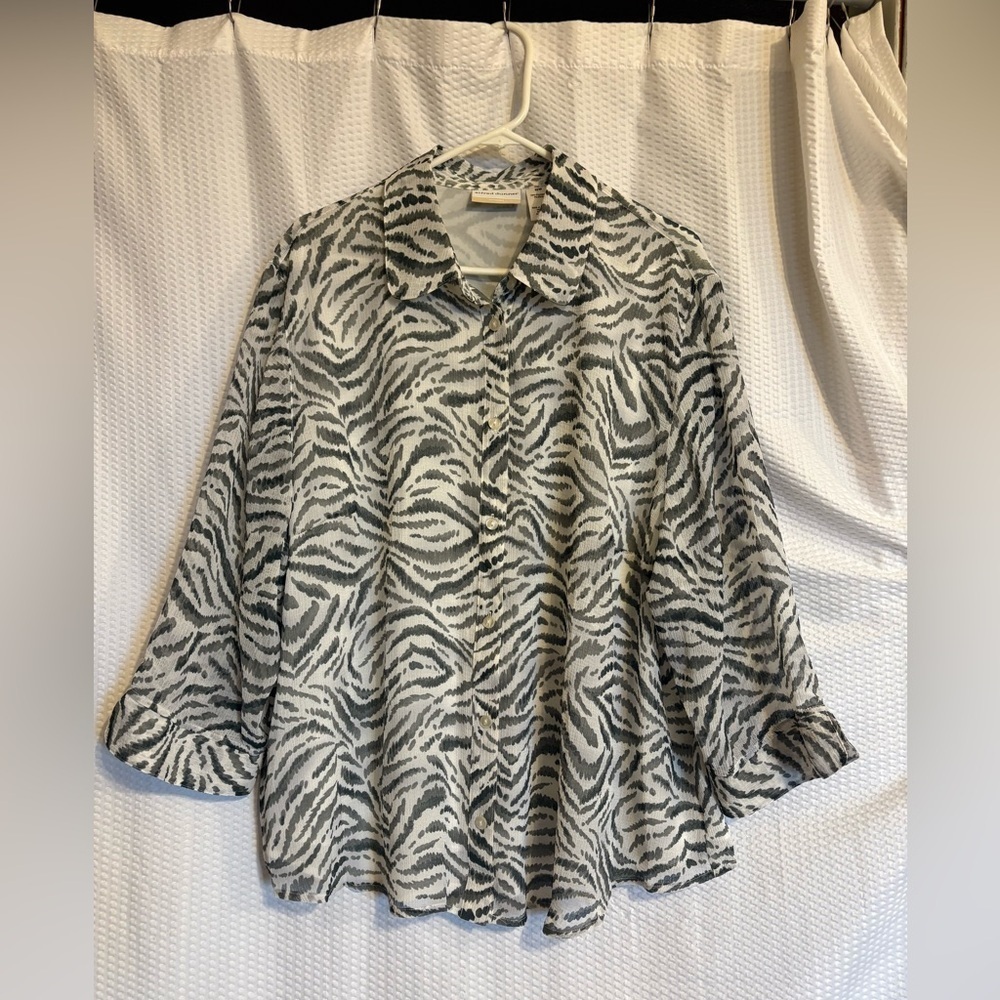 Alfred Dunner zebra animal print 3/4 sleeve button down blouse size 22W
